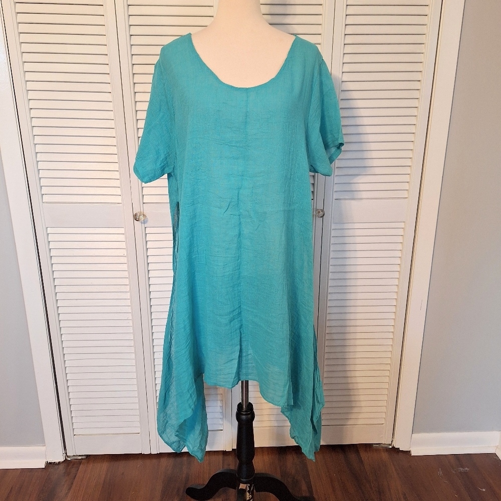 Italian Linen Teal Tunic Swim Cover Up Dress NWOT *P